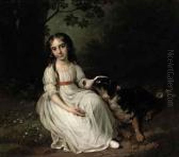 Portrait Of Frederikke Maria 
Sophia Brockdorff, Seated Full-length,in A White Dress, In A Park 
Landscape With Her Dog Beside Her Oil Painting by Jens Juel