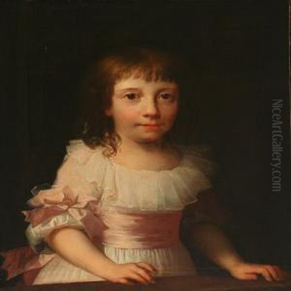 Children's Portrait Of Christiane Lemming In A White Dresswith Pink Ribbons Oil Painting by Jens Juel