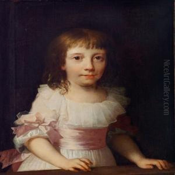 Children's Portrait Of Christiane Lemming In Awhite Dress With Pink Ribbons Oil Painting by Jens Juel