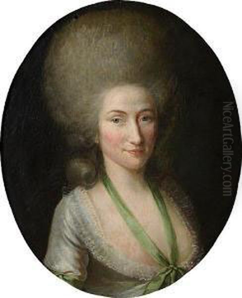 Portrait Of A Lady Half Length, 
Wearing A Blue Silk Dress With A Green Ribbon Round Her Neck Oil Painting by Jens Juel