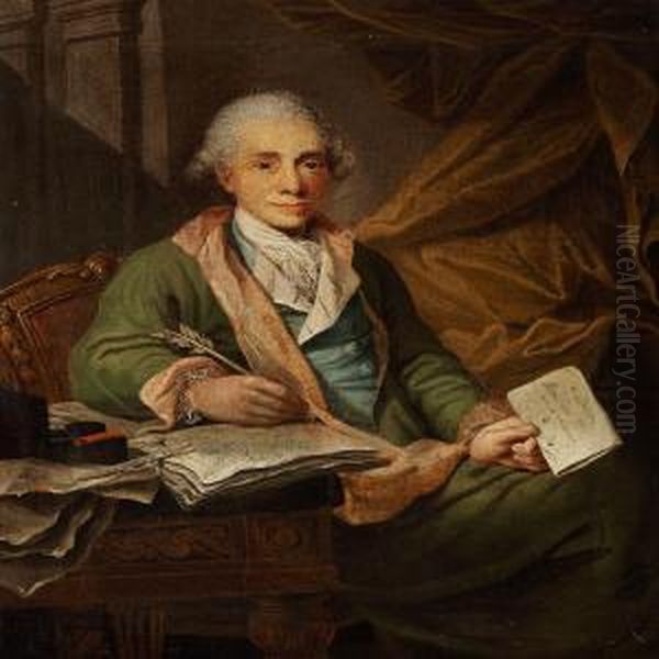 Portrait Of Batholomaeus Hansteen
 (1743-1820), Customs Officer In Kerteminde, Sitting At A Table Holding A
 Letter With The Name Pilo? Oil Painting by Jens Juel