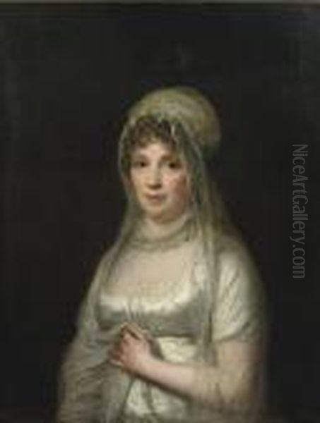 Portrait Of A Lady, Said To Be 
Lady Von Binzer, Half-length, In Awhite Dress And A White Headdress And 
Veil Oil Painting by Jens Juel