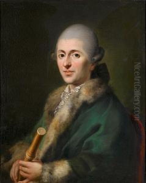 Portrait Of A Musician, Half-length, In A Green, Fur-trimmed Coat And Holding A Flute Oil Painting by Jens Juel