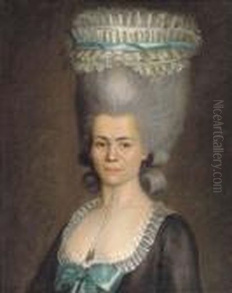 Portrait Of A Lady, Bust-length, Wearing An Elaborateheaddress Oil Painting by Jens Juel