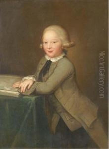 Portrait Of A Boy, Three-quarter-length, Leaning Against A Tablewith A Map Oil Painting by Jens Juel