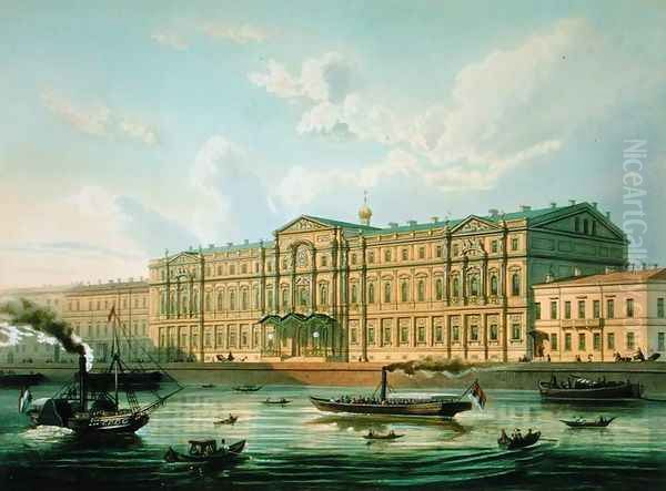 Palace of Grand Duke Mikhail and Palace Embankment, 1850s Oil Painting by J. Charlemagne