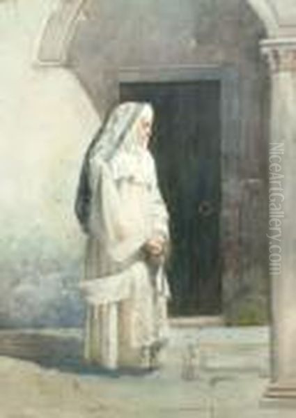 Manner Of Jose Juliana Y Albert,
 Spanish -- Study Of A Nun Standing Full Length By A Doorway; 
Watercolour, Bears Signature And Inscription, 36.5x26cm Oil Painting by Jose Juliana Albert