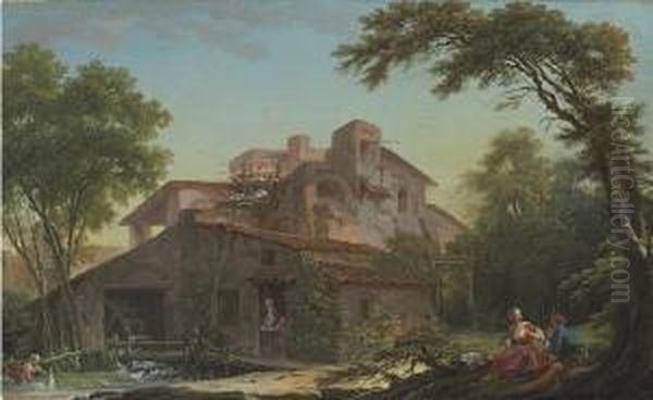 A Watermill With A Dovecot And A Peasant Couple Seated Under A Treein The Foreground Oil Painting by Nicolas-Jacques Juliard