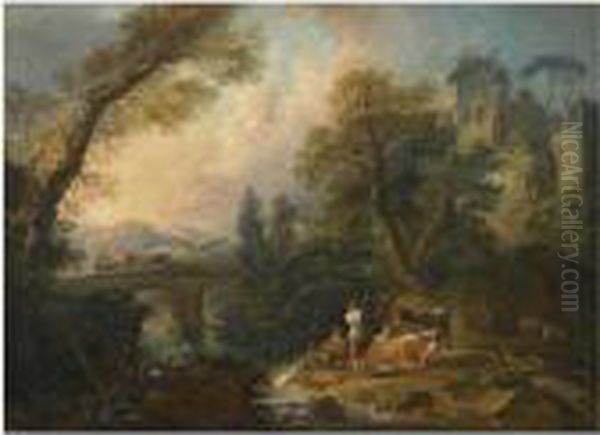 A Pastoral Landscape With 
Herders And Their Animals Resting Besidea River, A Bridge Beyond Oil Painting by Nicolas-Jacques Juliard