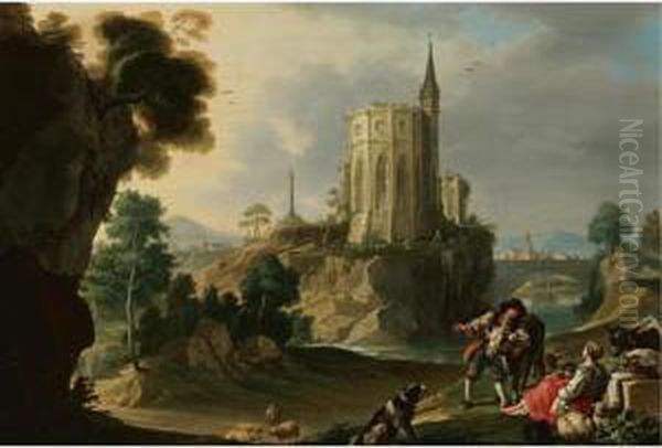 Pastoral With The Ruins Of A Gothic Church On A Rocky Outcropping Beyond Oil Painting by Nicolas-Jacques Juliard