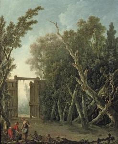 A Wooded Garden With A Gate And Figures In The Foreground Oil Painting by Nicolas-Jacques Juliard