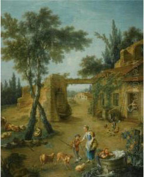 A Young Shepherdess And Children In A Farmyard Oil Painting by Nicolas-Jacques Juliard