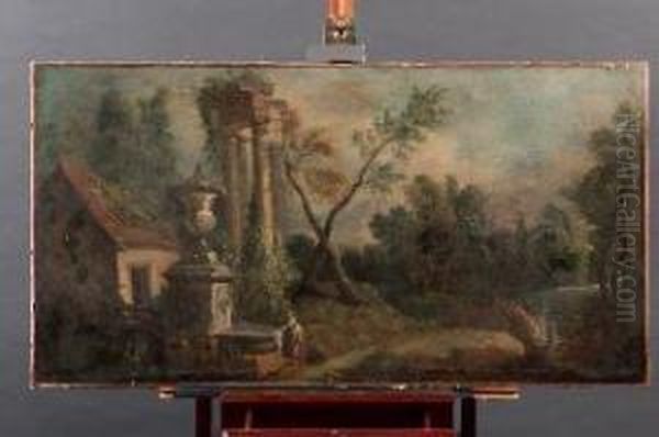 Capriccio In Foresta Con Fontana, Resti Di Tempio Classico E Capanna Oil Painting by Nicolas-Jacques Juliard