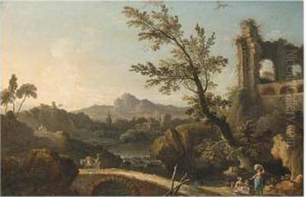 An Italianate River Landscape With Ruins, Travellers And Washerwomen Oil Painting by Nicolas-Jacques Juliard