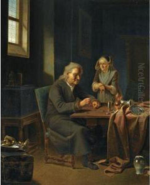 An Interior With A Pawn Broker And An Elderly Lady Oil Painting by Justus Juncker