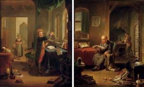 An Alchemist At Work, A Woman 
And Child Beyond; And A Scholar In His Study, A Male Servant Lighting A 
Stove Beyond Oil Painting by Justus Juncker