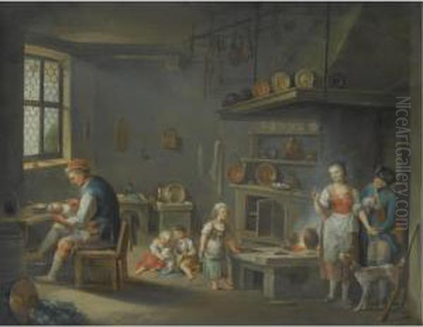 A Kitchen Interior With A Peasant And A Huntsmen Oil Painting by Justus Juncker