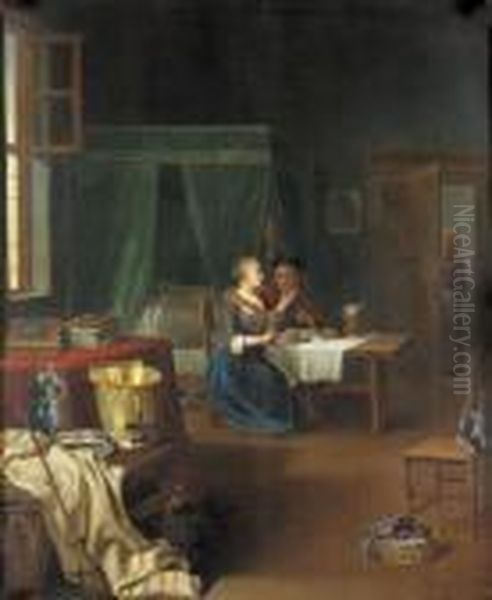 Burgerliche Stubeninterieur Mit Altem Paar Beim Mahl. Oil Painting by Justus Juncker