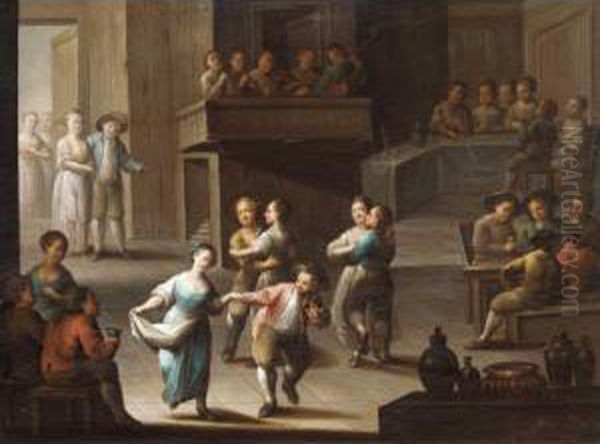 Interior With Figures Dancing Below A Gallery Of Musicians Oil Painting by Justus Juncker