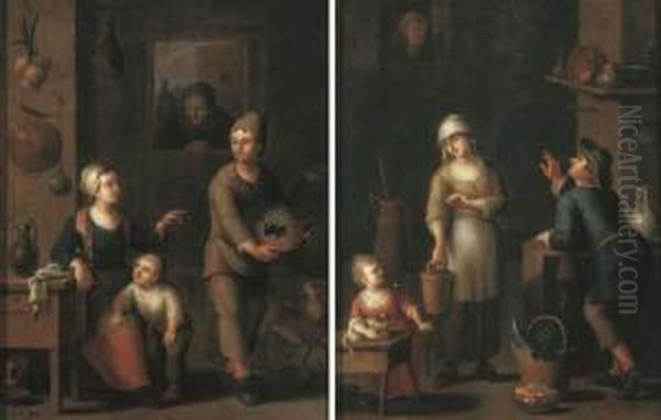 A Kitchen Interior With A Maid 
And A Child Conversing With A Man Carrying A Basket Of Grapes; And A 
Kitchen Interior With A Maid And A Man Conversing And A Child Playing 
With A Cat Oil Painting by Justus Juncker