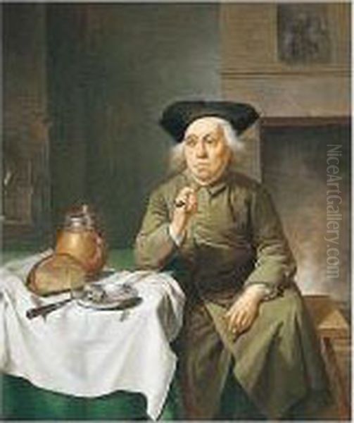 Interior With A Man Seated Before A Table Smoking A Pipe Oil Painting by Justus Juncker