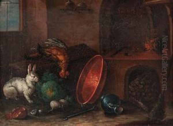 A Rabbit Near A Cabbage, A Copper Pan And Other Utensils In Akitchen Oil Painting by Justus Juncker