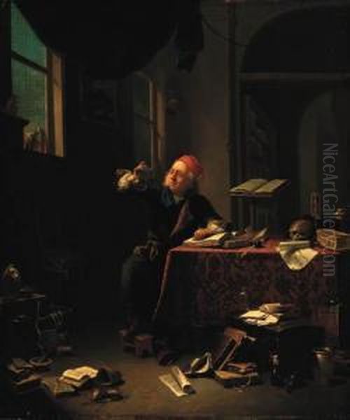 An Alchemist In His Study Oil Painting by Justus Juncker