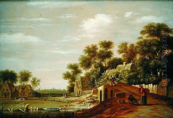 Village Scene with Travellers Resting Oil Painting by Rafel Govertsz Camphuysen