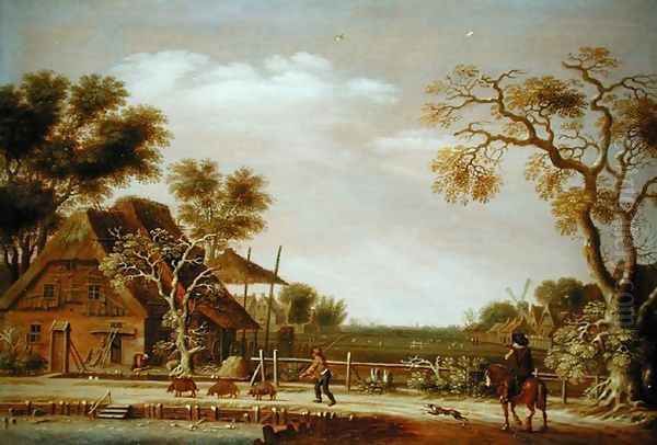 Village Scene with a Man Driving Three Pigs Oil Painting by Rafel Govertsz Camphuysen