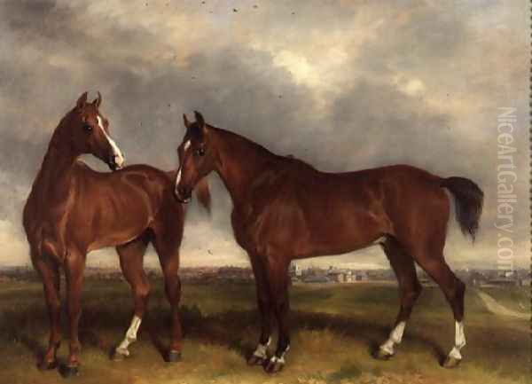 Hunters in a paddock, a town beyond Oil Painting by Henry Calvert