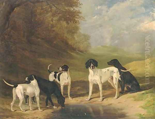 Pointers by a pool in a wooded landscape Oil Painting by Henry Calvert