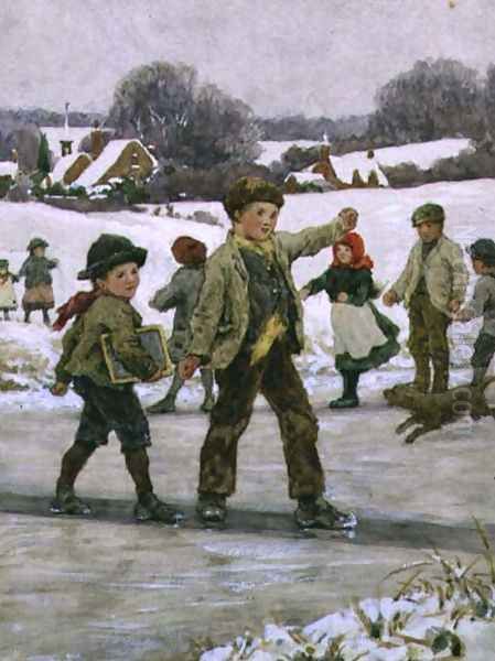 Children Sliding on a Pond Oil Painting by Alice Clausen