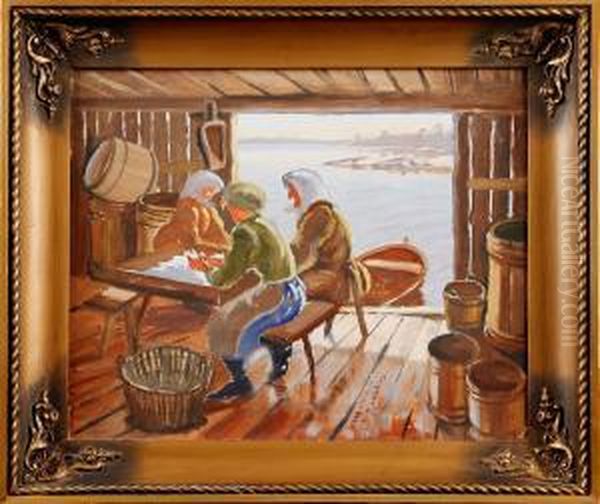 Kvinnor I Sjobod - Aland - Geta -35 Oil Painting by Erik Juselius