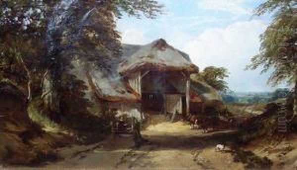 Figures And Cart By A Haybarn Oil Painting by Henry Jutsum