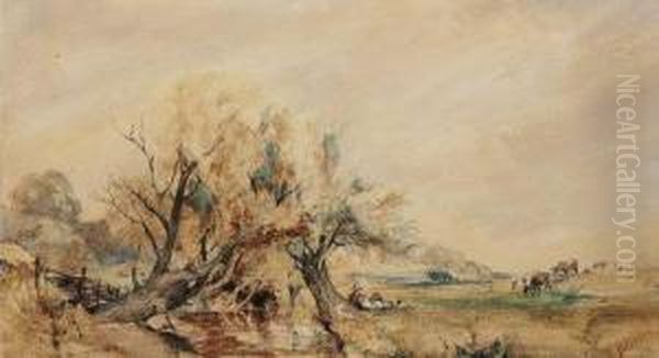 A Figure Resting Under A Tree With Cattle Beyond Oil Painting by Henry Jutsum