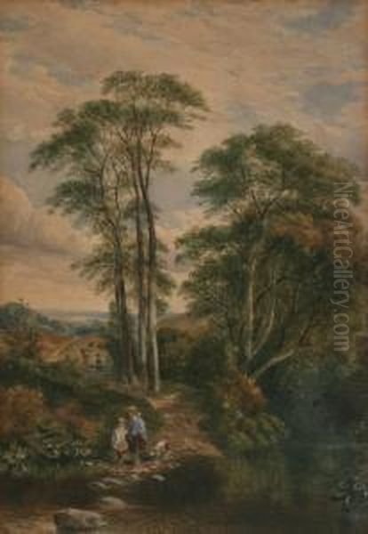 Figures By Stepping Stones Within A River Landscape Oil Painting by Henry Jutsum