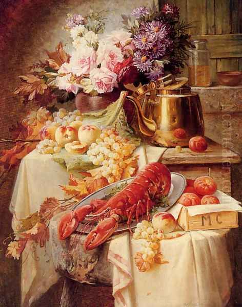 Still Life With A Lobster And Assorted Fruit And Flowers Oil Painting by Modeste Carlier