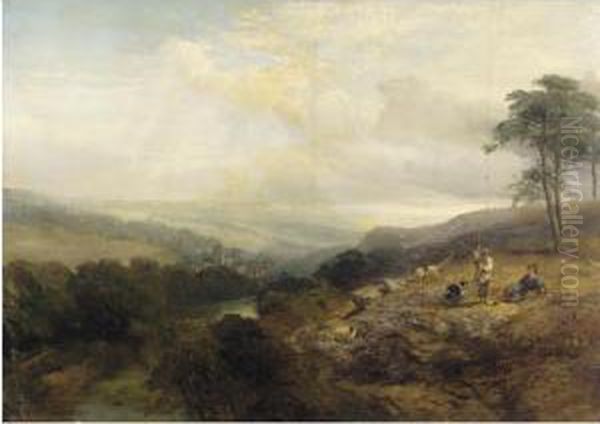 River Landscape With Shepherds Resting Oil Painting by Henry Jutsum