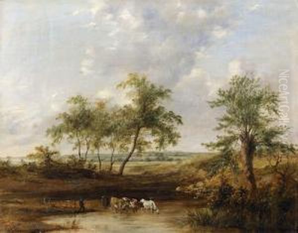 Landschaft Mit Kuhen Am Teich. Oil Painting by Henry Jutsum