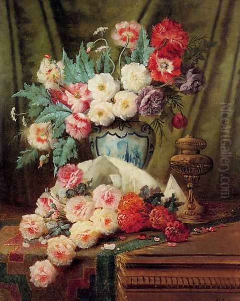 Still Life Of Roses And Other Flowers On A Draped Table Oil Painting by Modeste Carlier