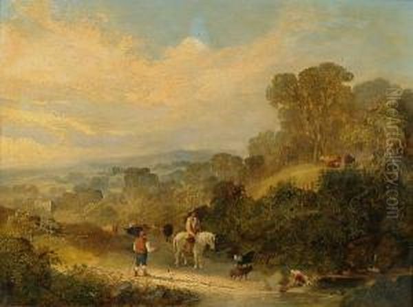 A Cattle Drover And A Traveller Passing By At A Ford Oil Painting by Henry Jutsum