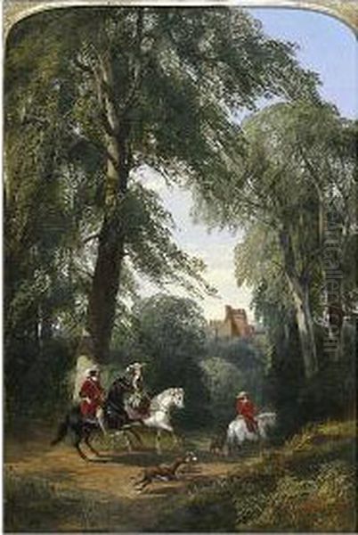 Hunting Party In A Woodland Clearing Oil Painting by Henry Jutsum