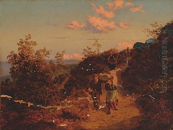 Figures Walking Along A Hillside Footpath Oil Painting by Henry Jutsum