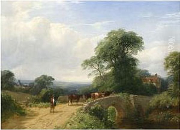 Cows Being Driven Across Stone Bridge Oil Painting by Henry Jutsum