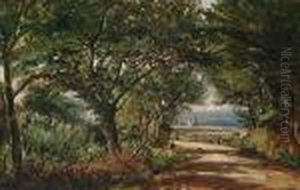 Figures On A Wooded Road, An Estuary Beyond Oil Painting by Henry Jutsum