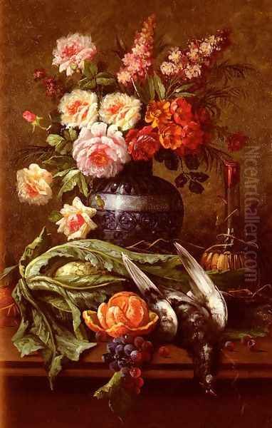 Nature Morte Aux Fleurs Et A L'Orange (Still Life of Flowers and an Orange) Oil Painting by Modeste Carlier