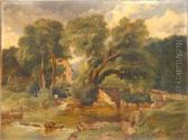 Figures By A River And Mill Oil Painting by Henry Jutsum