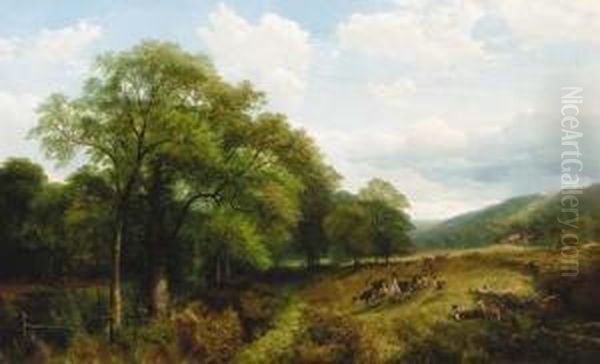 A Herd Of Deer In A Wooded River Landscape, Near Kenilworth Oil Painting by Henry Jutsum