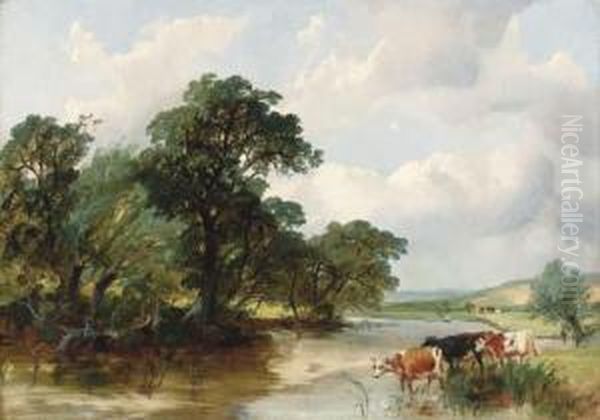 Cattle Watering In A Wooded River Landscape Oil Painting by Henry Jutsum