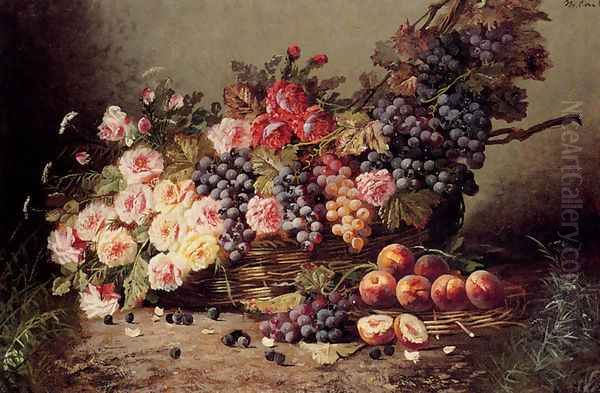 Still Life Of Roses, Peaches And Grapes In A Basket Oil Painting by Modeste Carlier